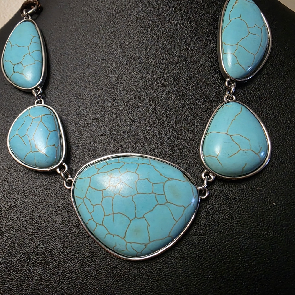 Faux Turquoise Necklace With Brown Cord. Boho. Casual